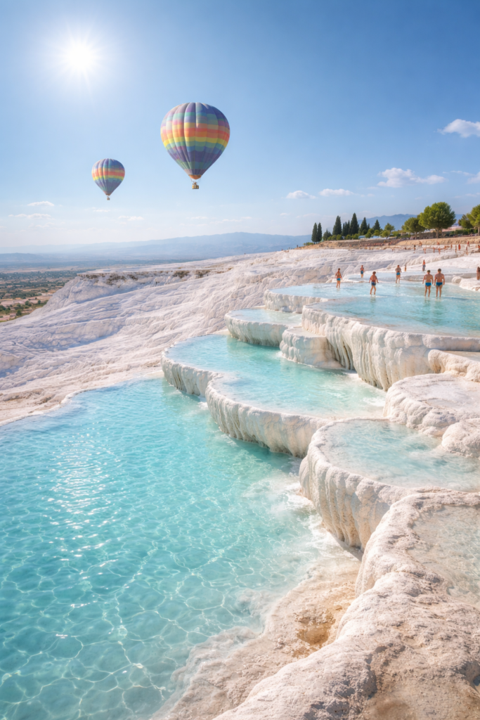 of Pamukkale white travertine terraces in Turkey.