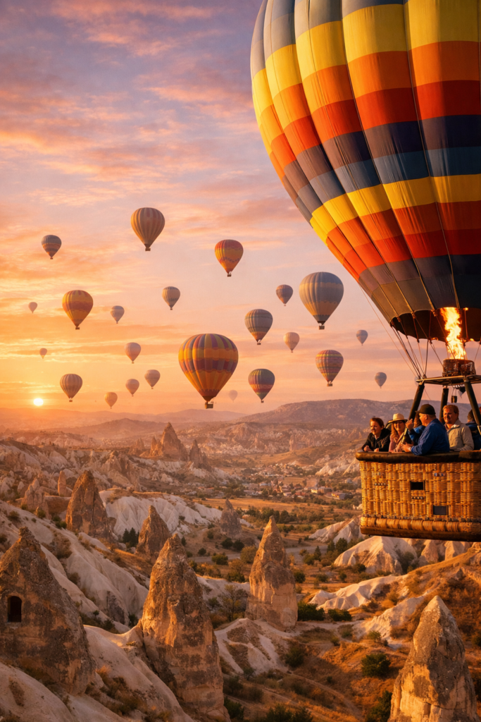 Hot air balloons over the Cappadocia landscape