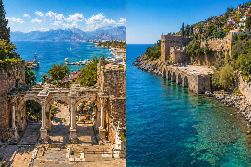 Antalya old town and coast compared to Alanya Castle on rocky cliff above the Mediterranean sea