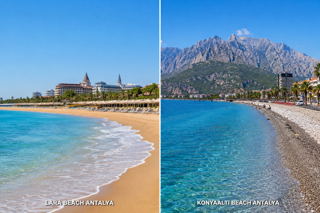 Lara Beach sandy shore with all-inclusive resort vs Konyaaltı pebble beach with Taurus Mountains — Antalya's two main beaches compared