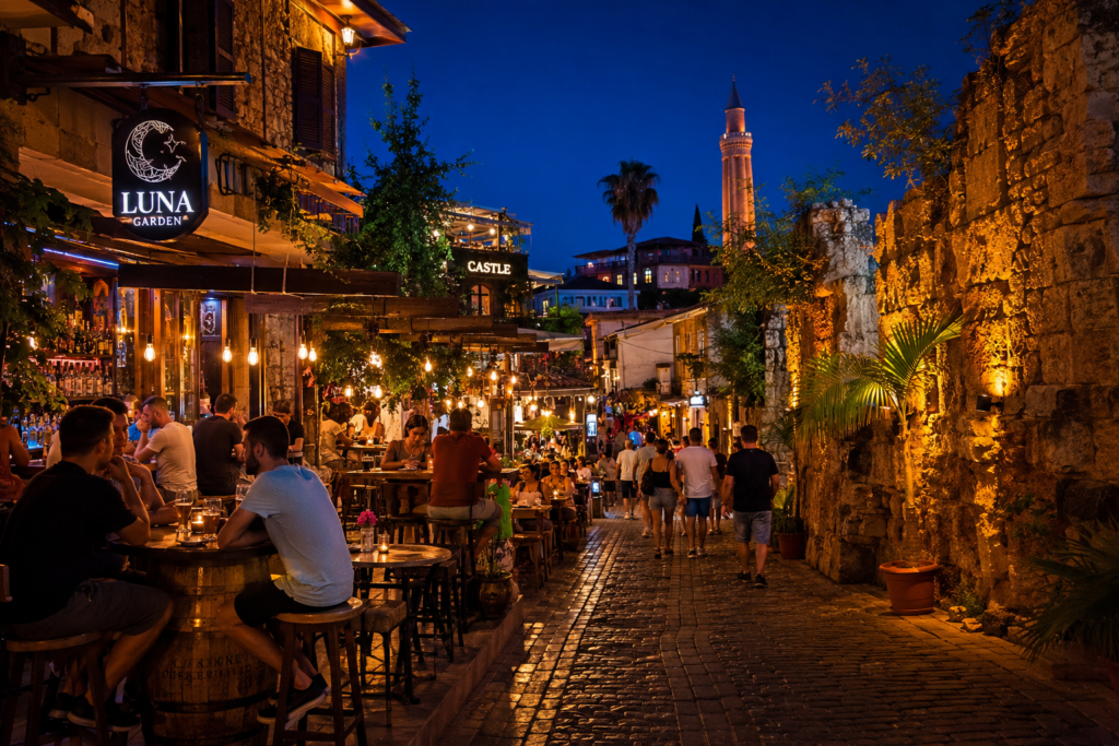 Antalya Kaleiçi old town at night — bars, live music and nightlife in the historic cobblestone streets