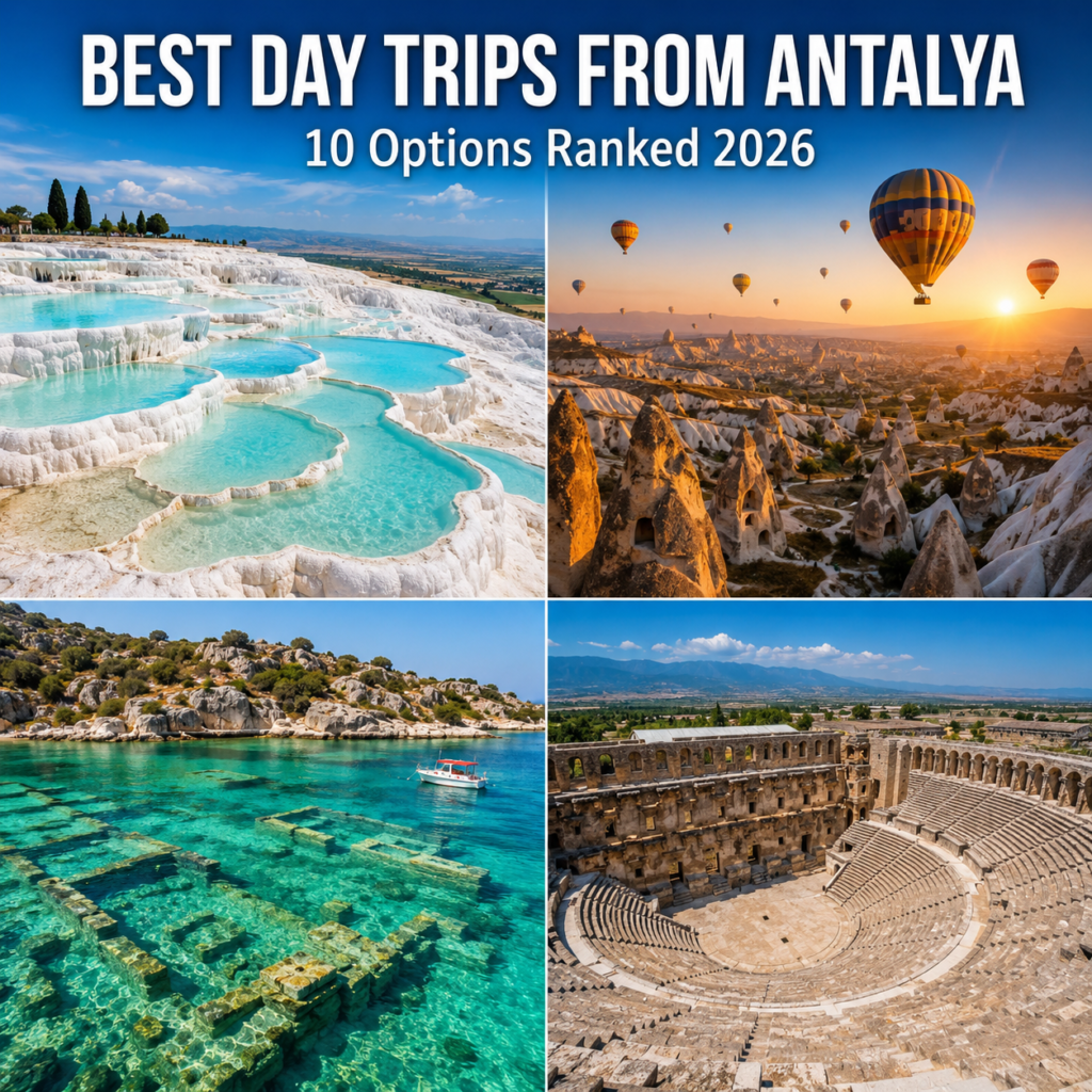Best day trips from Antalya 2026 — Pamukkale, Cappadocia, Kekova and Aspendos collage