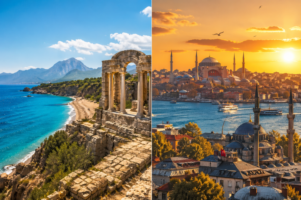 Antalya ancient ruins and turquoise sea vs Istanbul Hagia Sophia and Bosphorus skyline