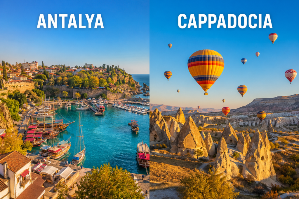 Antalya vs Cappadocia travel comparison – Mediterranean coast and Cappadocia hot air balloons side by side