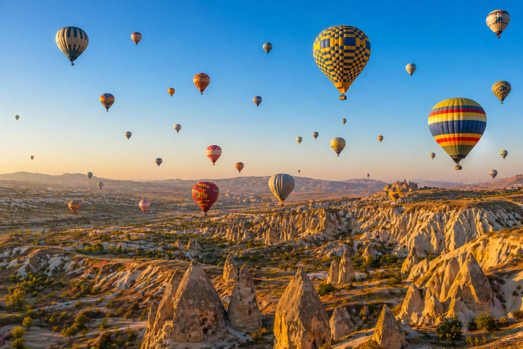 Hot air balloons over Cappadocia fairy chimneys at sunrise, Turkey