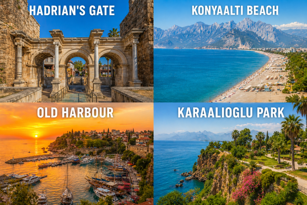 Free things to do in Antalya – Hadrian's Gate, Konyaaltı Beach, Old Harbour and Karaalioglu Park collage