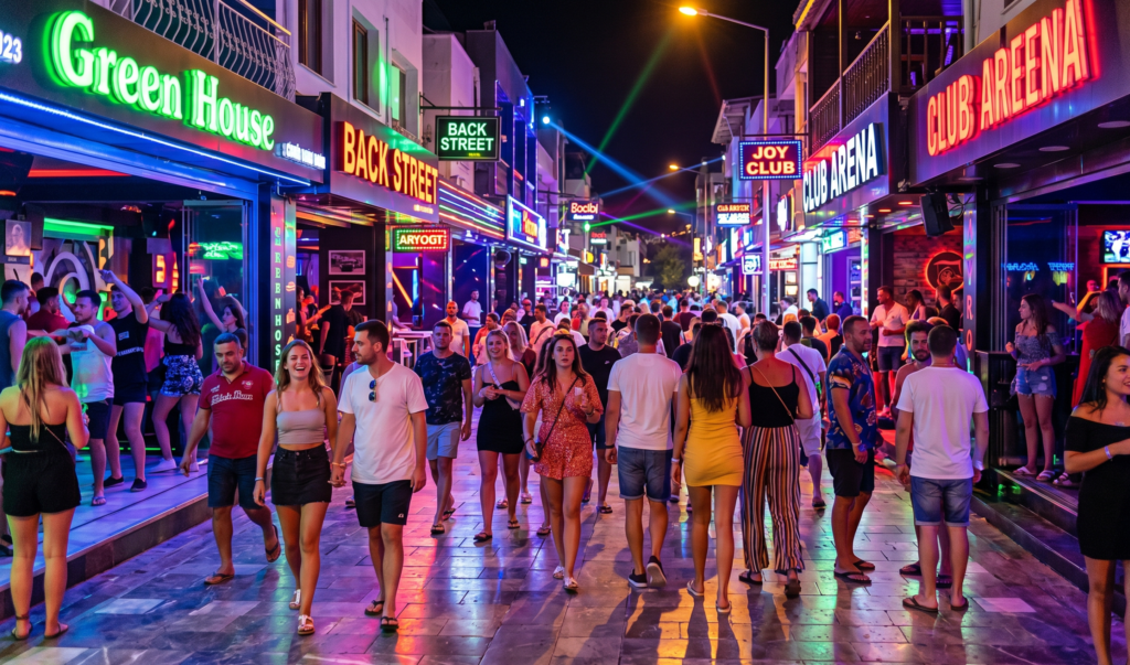 Marmaris Bar Street at night with colorful lit bars and lively summer crowd