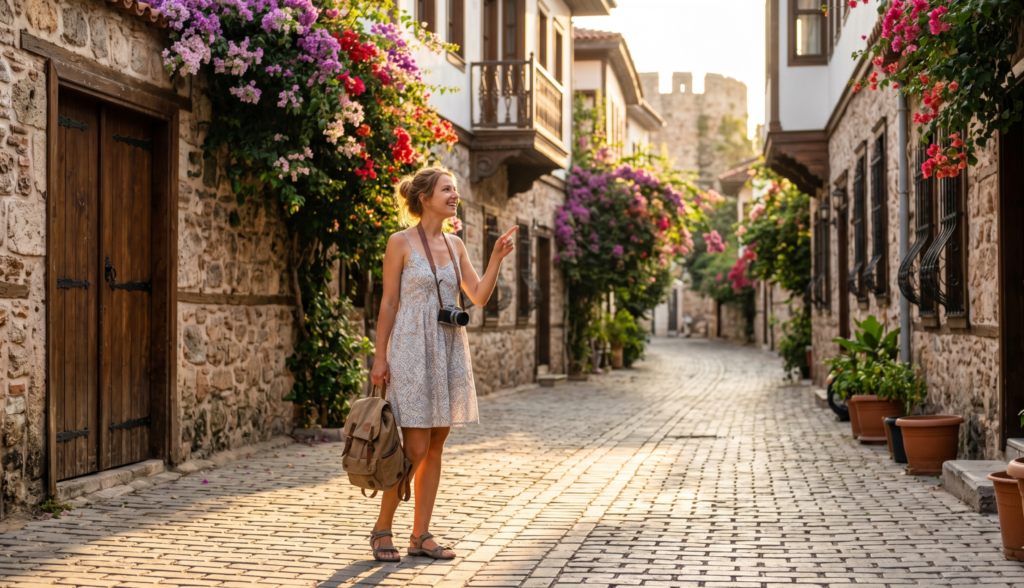 Young woman exploring Kaleiçi old town Antalya Turkey early morning