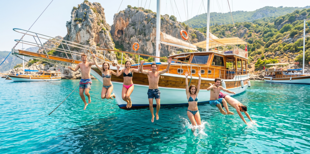 Friends jumping from boat into turquoise sea near Antalya Turkey