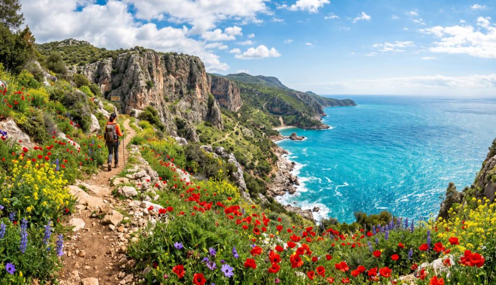 Lycian Way hiking trail near Antalya Turkey in March spring with red poppies and wildflowers