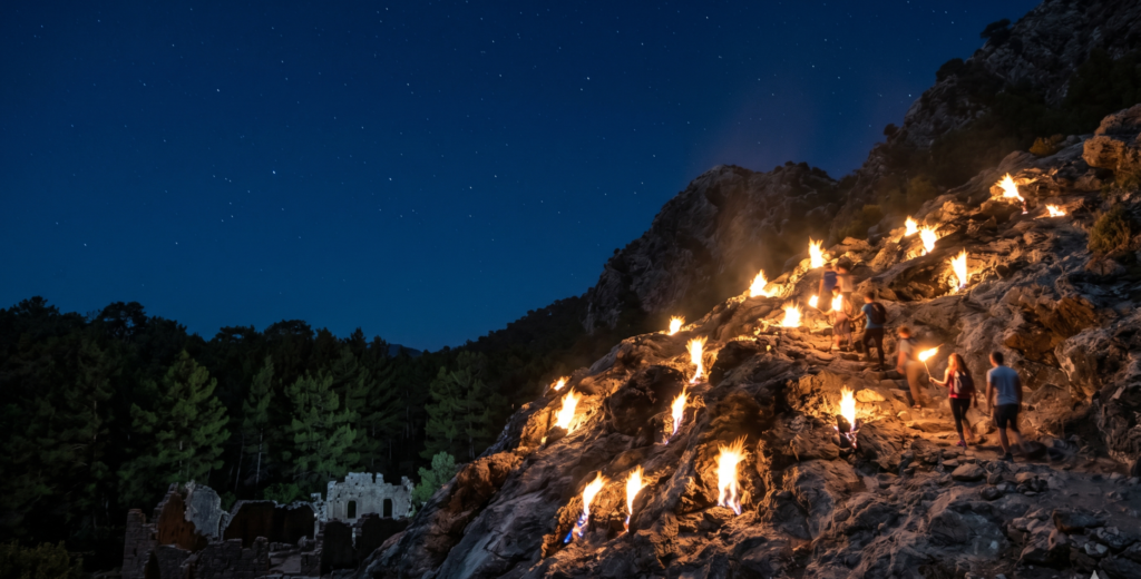 Chimera Flames Yanartaş Antalya at night – eternal natural gas fires burning from mountain rocks for 2,500 years