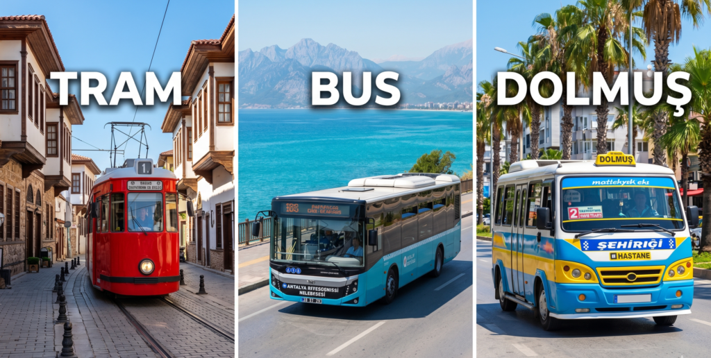 Antalya public transport guide – nostalgic tram, city bus and dolmuş minibus collage