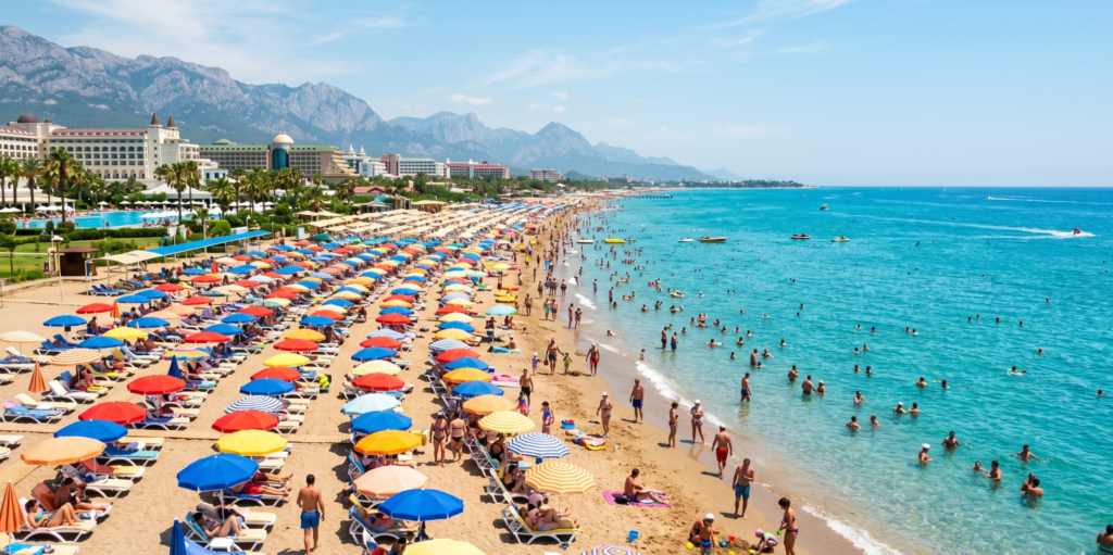 Antalya Lara Beach in July – crowded summer beach with turquoise Mediterranean Sea