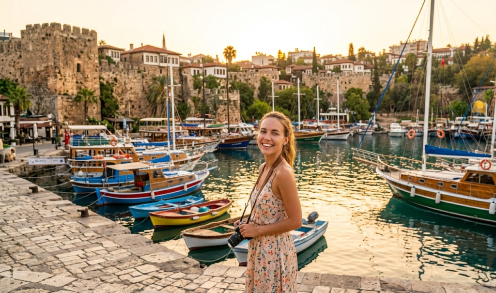 Happy young woman tourist at Kaleiçi old town harbour Antalya Turkey sunset