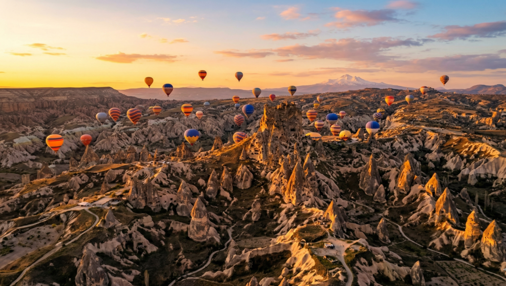 Hot air balloons over Cappadocia at sunrise