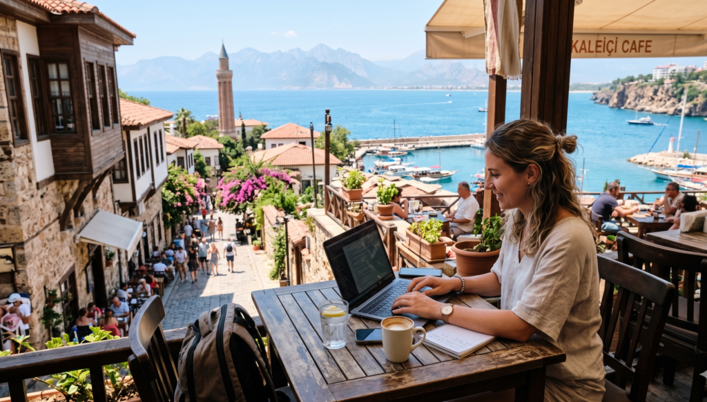 Digital nomad working at outdoor cafe in Antalya Turkey Kaleiçi old town