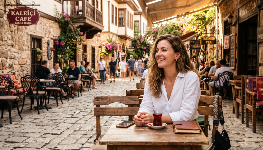 Solo female traveler at outdoor cafe in Antalya Turkey Kaleiçi old town