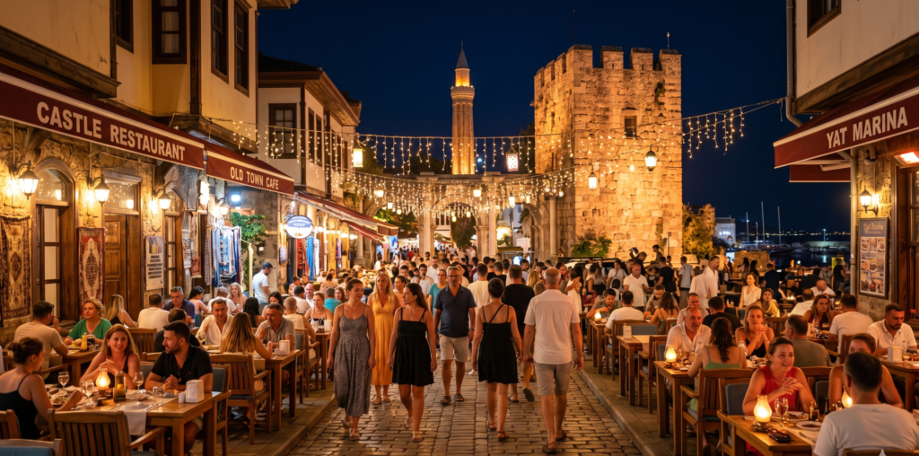 Antalya Kaleiçi old town at night in August — warm summer evening with people enjoying the electric atmosphere after sunset