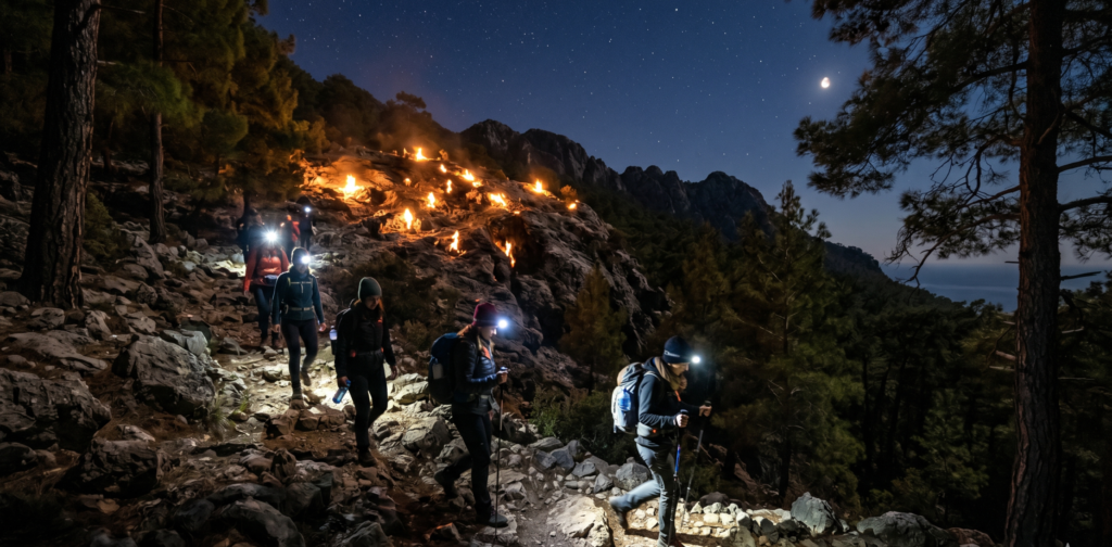 Visitors hiking to Chimera Flames Yanartaş Antalya at night with torches