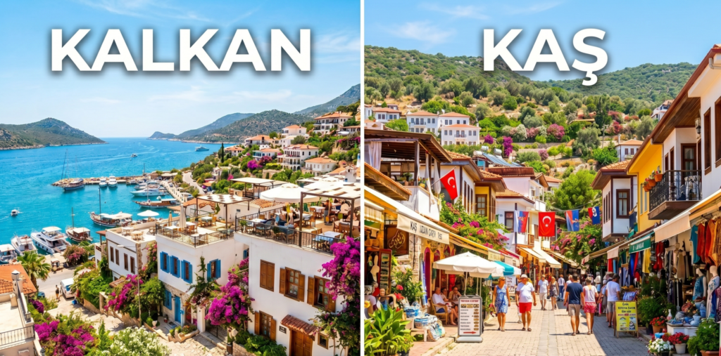 Kalkan whitewashed hillside village vs Kaş iconic street with Lycian rock tombs — Turkey's Turquoise Coast comparison 2026