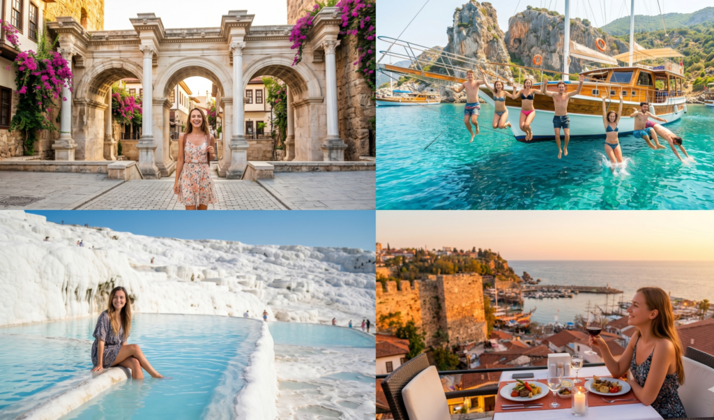 Antalya Turkey 3 day itinerary collage old town boat tour Pamukkale rooftop dinner