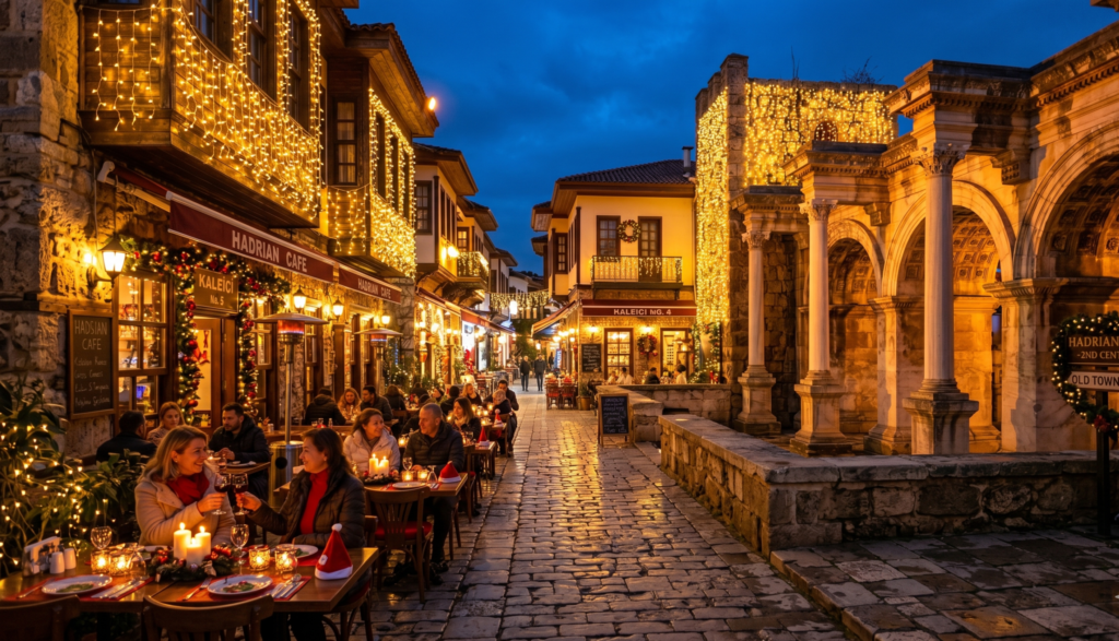 Antalya Kaleiçi old town with Christmas festive lights decorating ancient streets in December evening