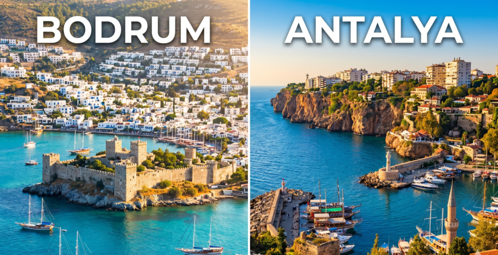 Bodrum vs Antalya travel comparison – Bodrum Castle and Antalya Old Town harbour side by side