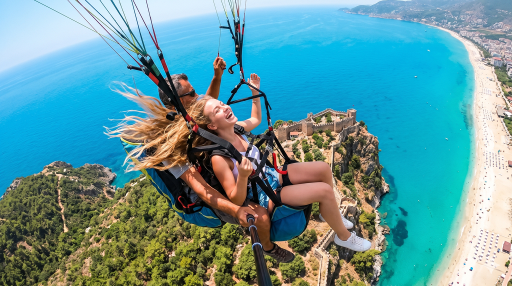 Young woman with flowing blonde hair tandem paragliding over Alanya with turquoise sea and green mountains below