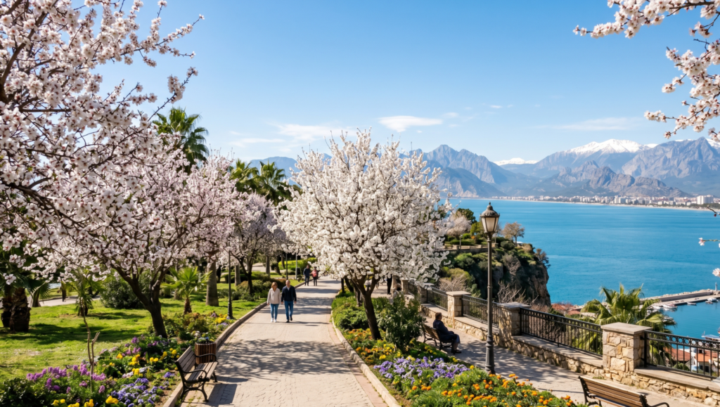Antalya Turkey Karaalioğlu Park with almond blossoms in late February early spring