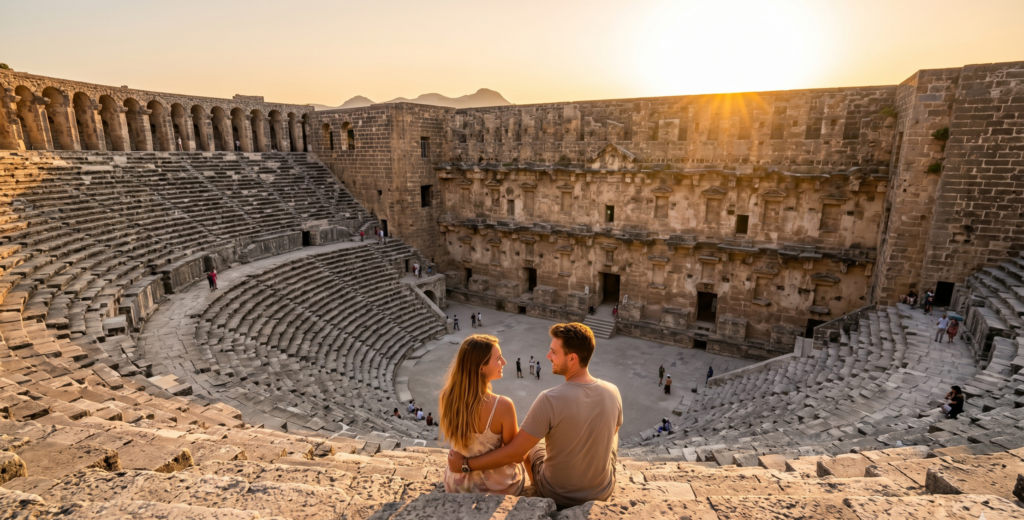 Couple sitting on Aspendos Roman Theatre ancient steps near Antalya Turkey