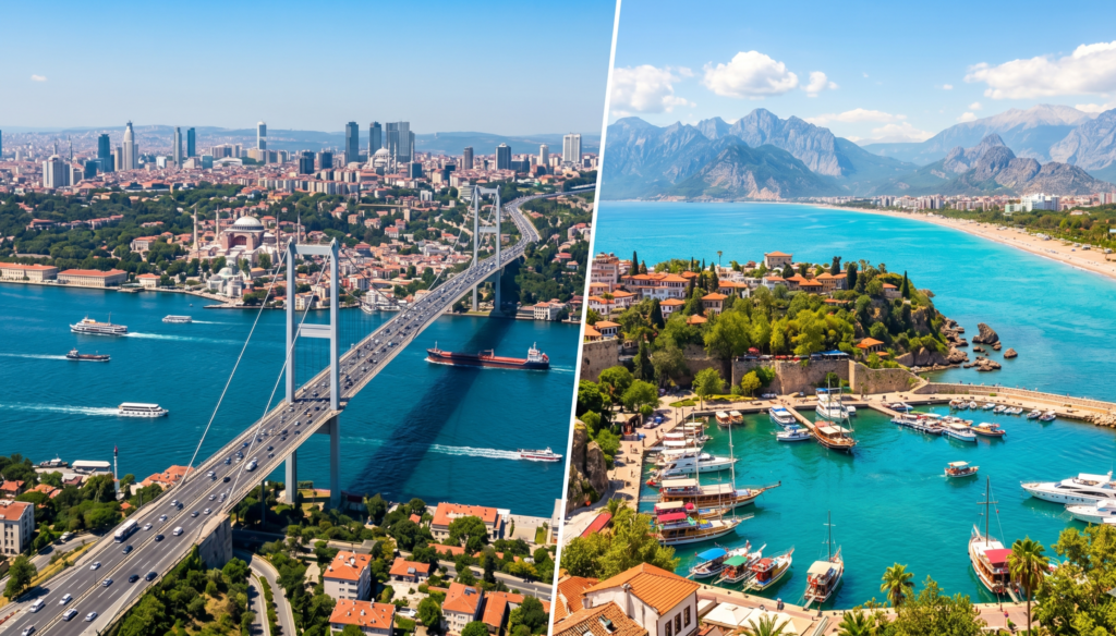 Istanbul Bosphorus skyline and Antalya Mediterranean coast showing the distance between the two cities