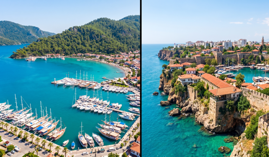 Marmaris marina with yachts and pine hills compared to Antalya Kaleiçi old town and Roman harbour