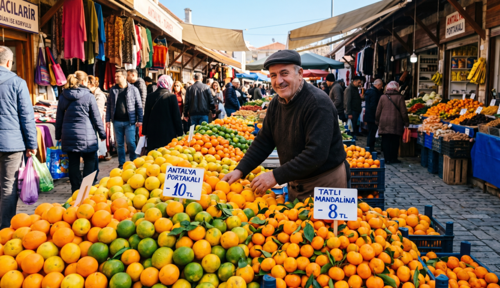 Fresh oranges and mandarins at Antalya Turkey local market in January citrus season