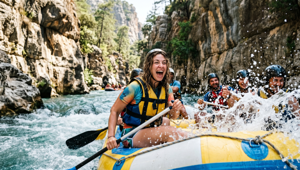 Excited young woman white water rafting Köprülü Canyon Antalya Turkey