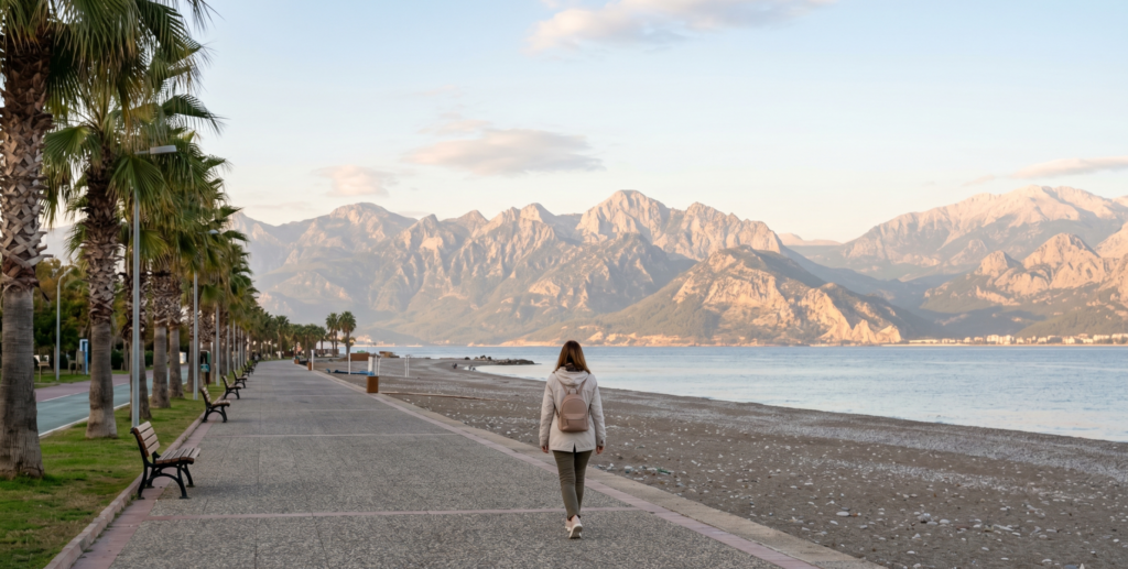 Solo female traveler walking Konyaaltı Beach promenade Antalya Turkey autumn