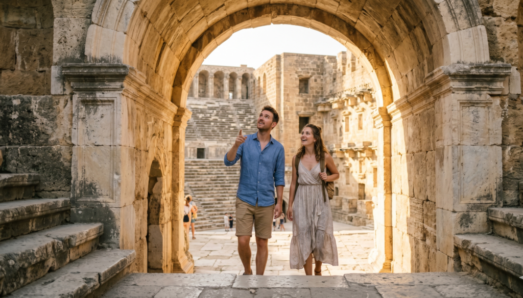 Young couple exploring Aspendos Roman Theatre ruins near Antalya Turkey