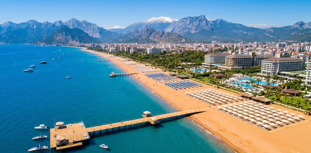 Lara Beach Antalya – golden sandy shore with sunbeds and turquoise Mediterranean water