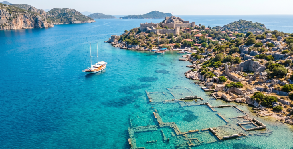 Kekova sunken city ruins visible underwater near Antalya Turkey with traditional boa