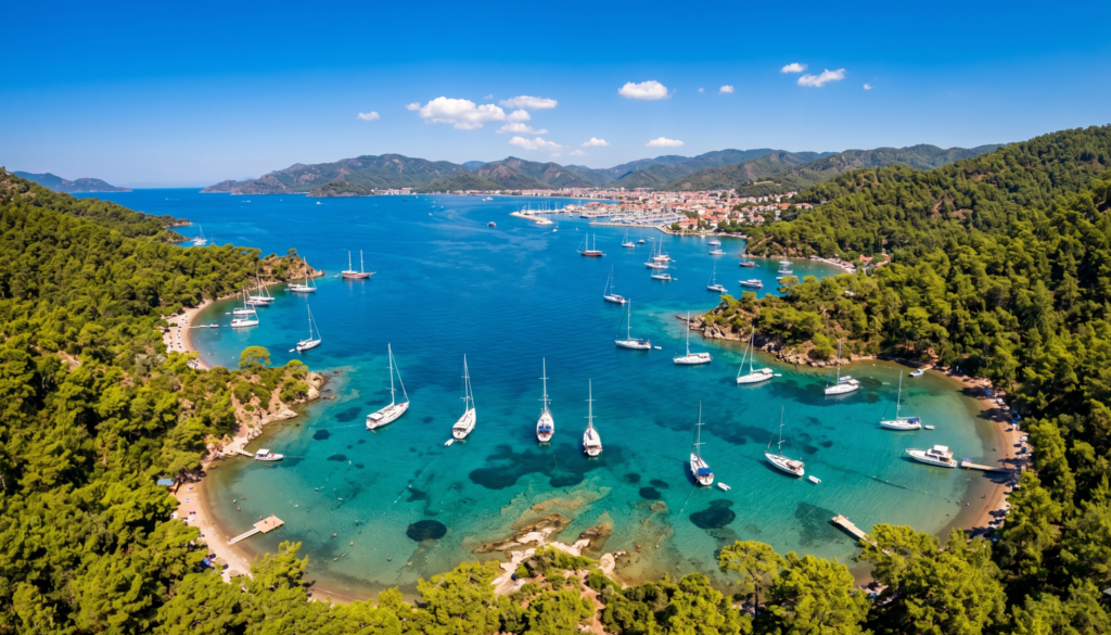 Aerial view of Marmaris bay with turquoise water, hidden coves and pine forests