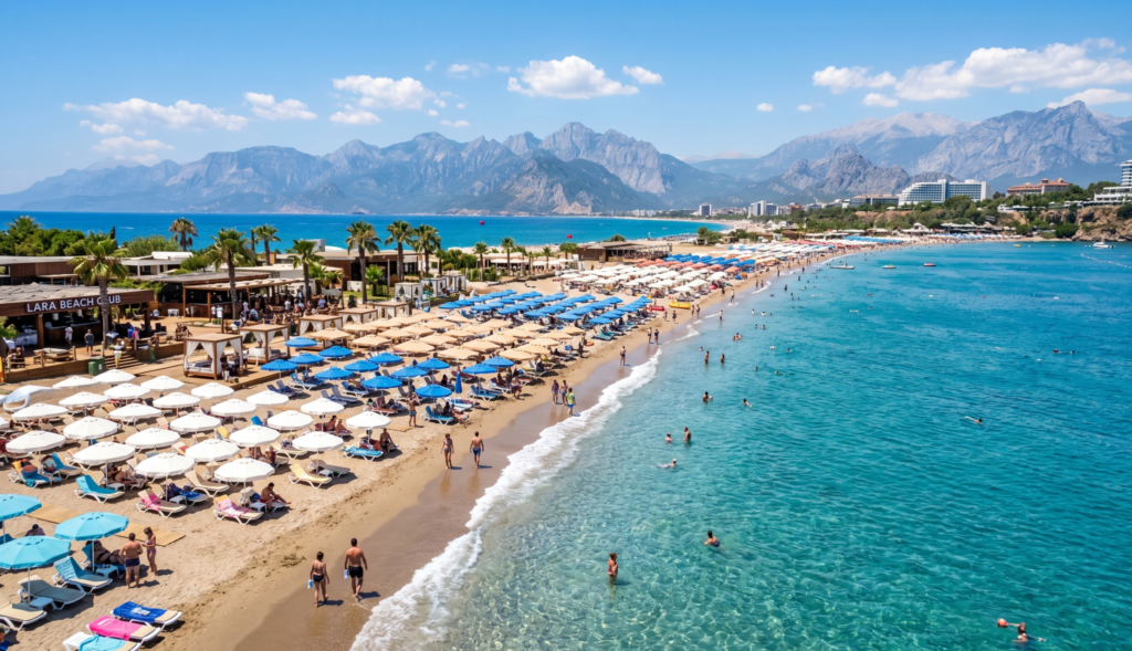Antalya Turkey in June – Lara Beach with turquoise Mediterranean Sea in summer