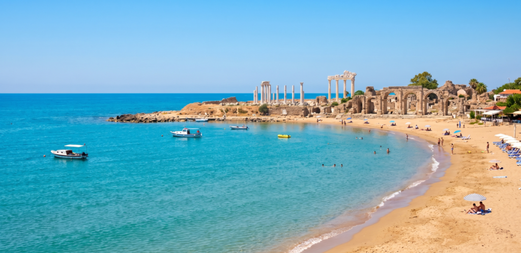 Side beach Turkey – sandy Mediterranean beach next to ancient ruins near Antalya