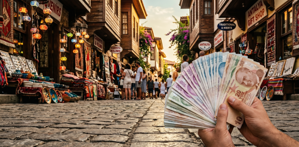 Turkish Lira banknotes in Antalya Kaleiçi Old Town shopping street – currency guide for tourists