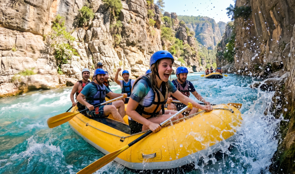 Young woman laughing and screaming with excitement 
on white water rafting boat in Köprülü Canyon Antalya 
Turkey, splashing water, yellow raft, dramatic canyon 
walls, pure adrenaline and joy, photorealistic