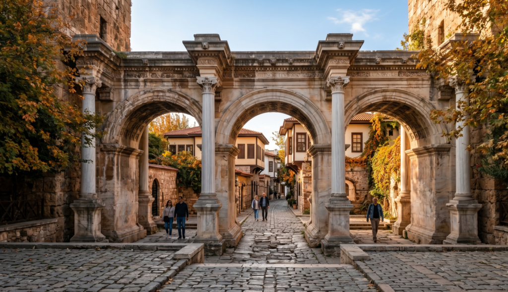 Antalya Kaleiçi old town with Hadrian's Gate in October autumn light