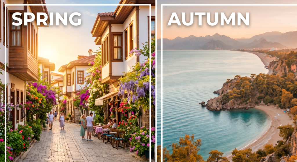 Best time to visit Antalya – spring and autumn seasons comparison collage