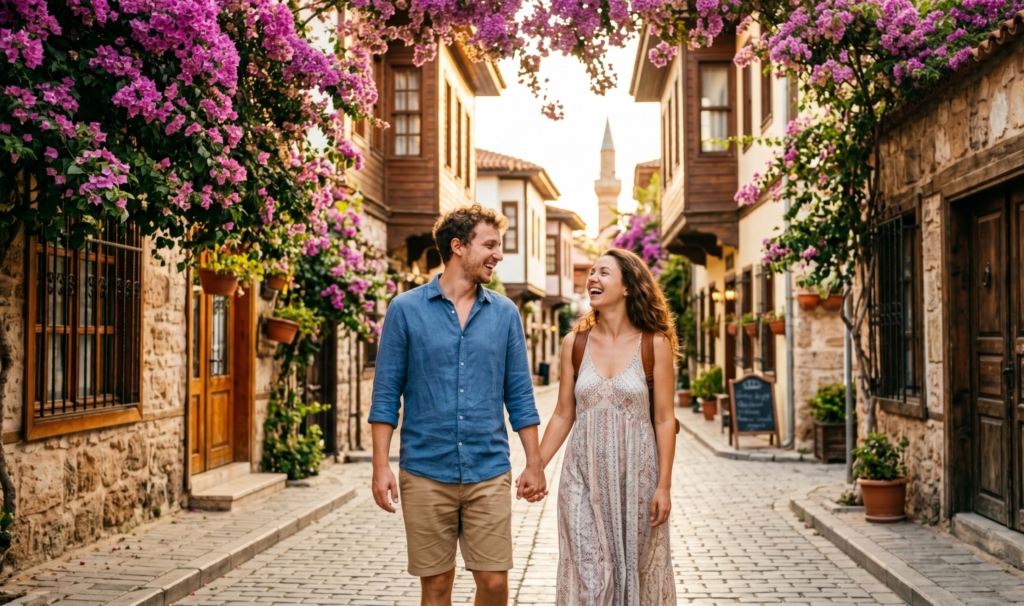 Young woman stepping through Hadrian's Gate ancient Roman arch Antalya Turkey first time visitor