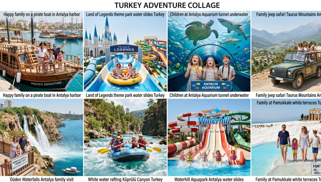 Family enjoying a boat tour in Antalya Turkey with kids on the Mediterranean Sea