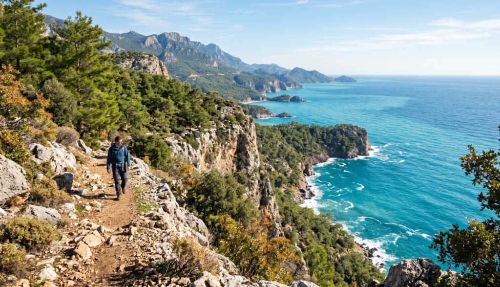Lycian Way hiking trail near Antalya Turkey with dramatic coastal cliffs and turquoise Mediterranean Sea in November