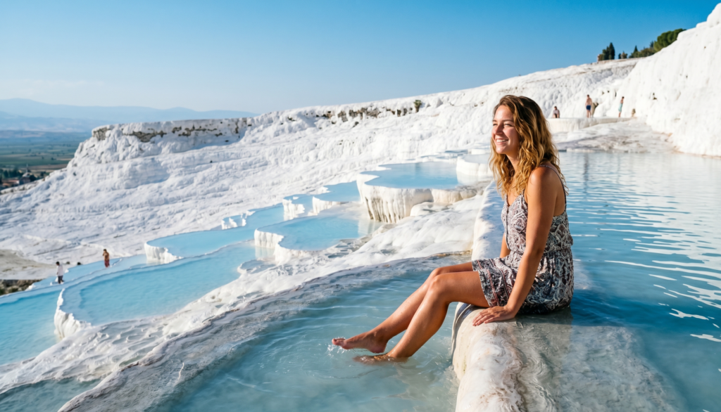 Young woman in Pamukkale thermal pools white travertine terraces Turkey