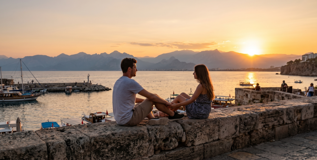 Romantic couple watching sunset at Kaleiçi ancient harbour Antalya Turkey